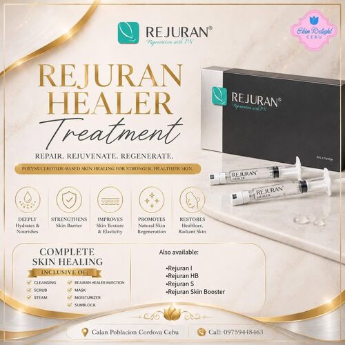 Rejuran Healer Treatment poster: polynucleotide-based skin healing; complete package includes cleansing, scrub, steam, Rejuran Healer injection, mask, moisturizer and sunblock